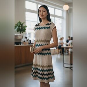 Dress Barn Cream and Blue Chevron Midi Dress